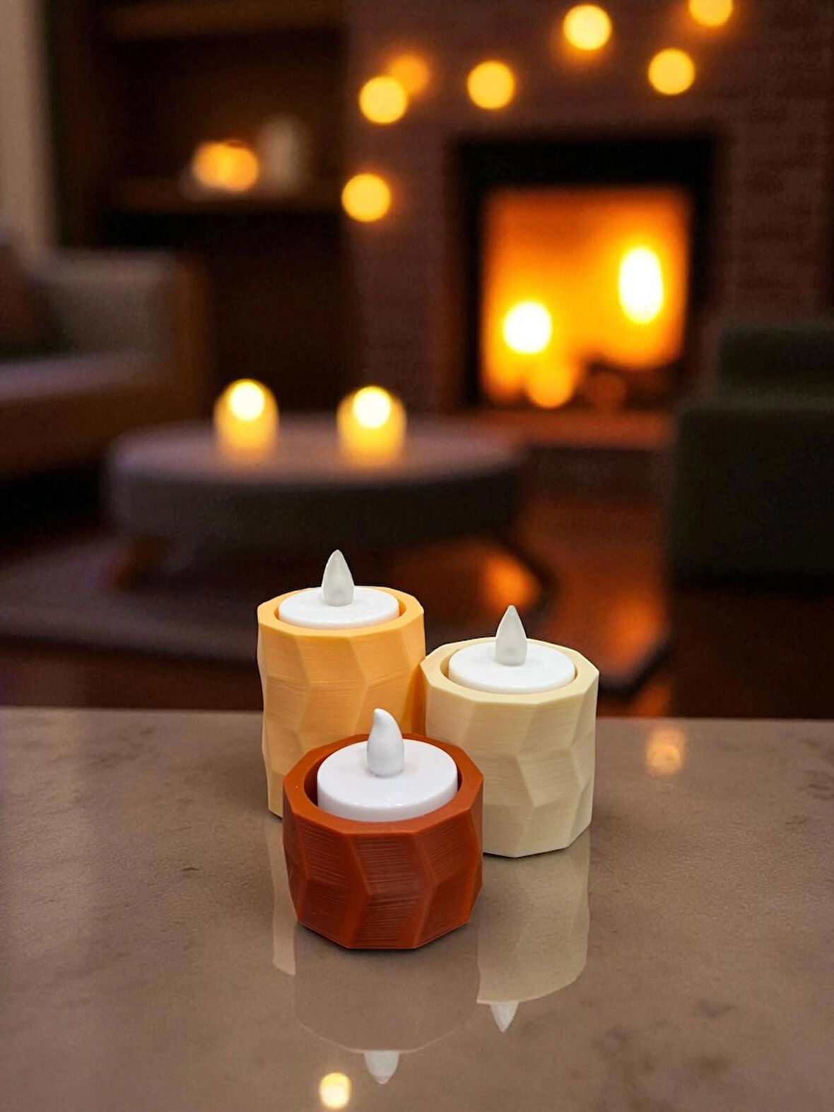 Geometrik Desenli 3’lü Dekoratif Mumluk-Dekoratif Tealight Mumluk-Ev ve Ofis Dekorasyonu