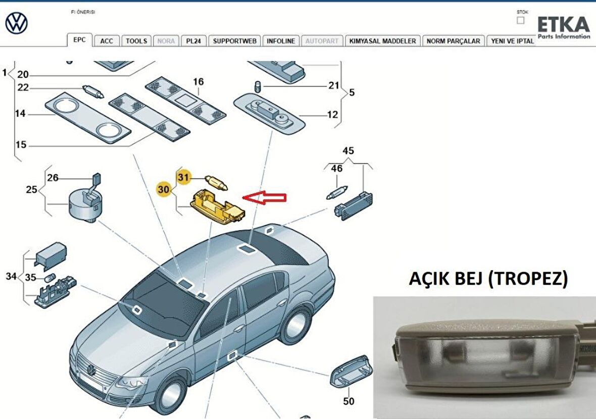 Passat B7 (2011 -- 2015) Makyaj Lambası (Açık Bej) 1K0947109