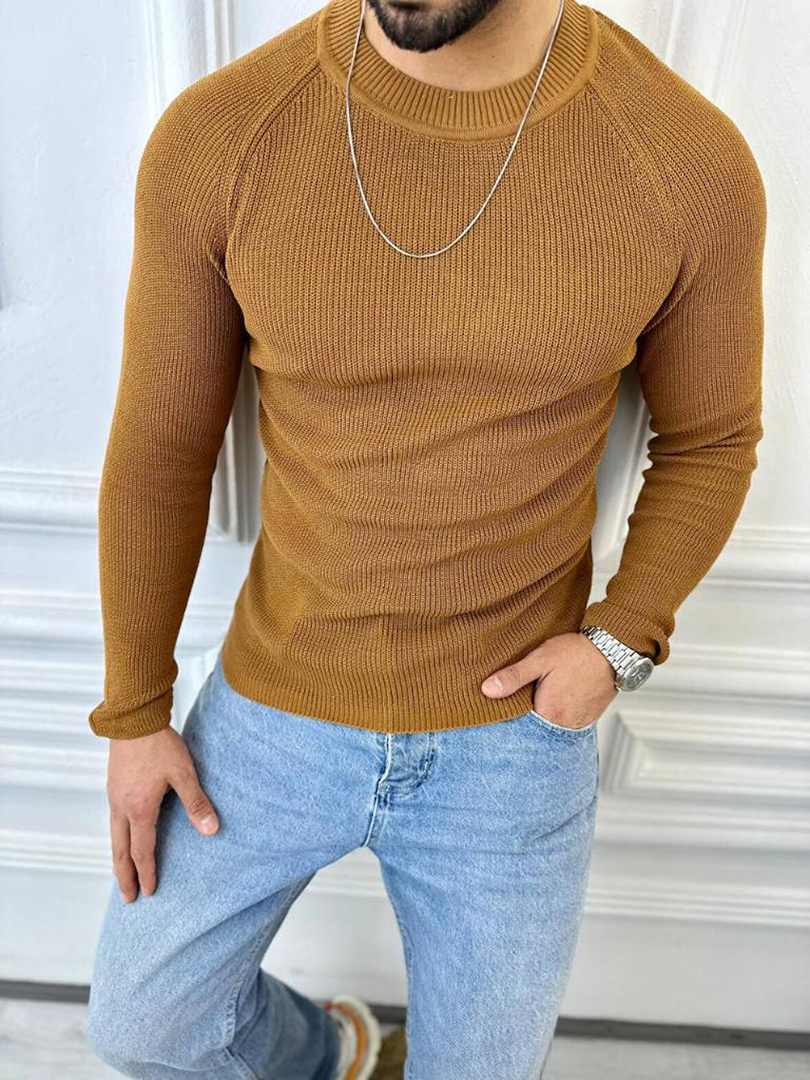 Kazak Slim Fit Naturel Örme Pamuk Tüylenmeyen Triko Dar Kesim Body Kazak