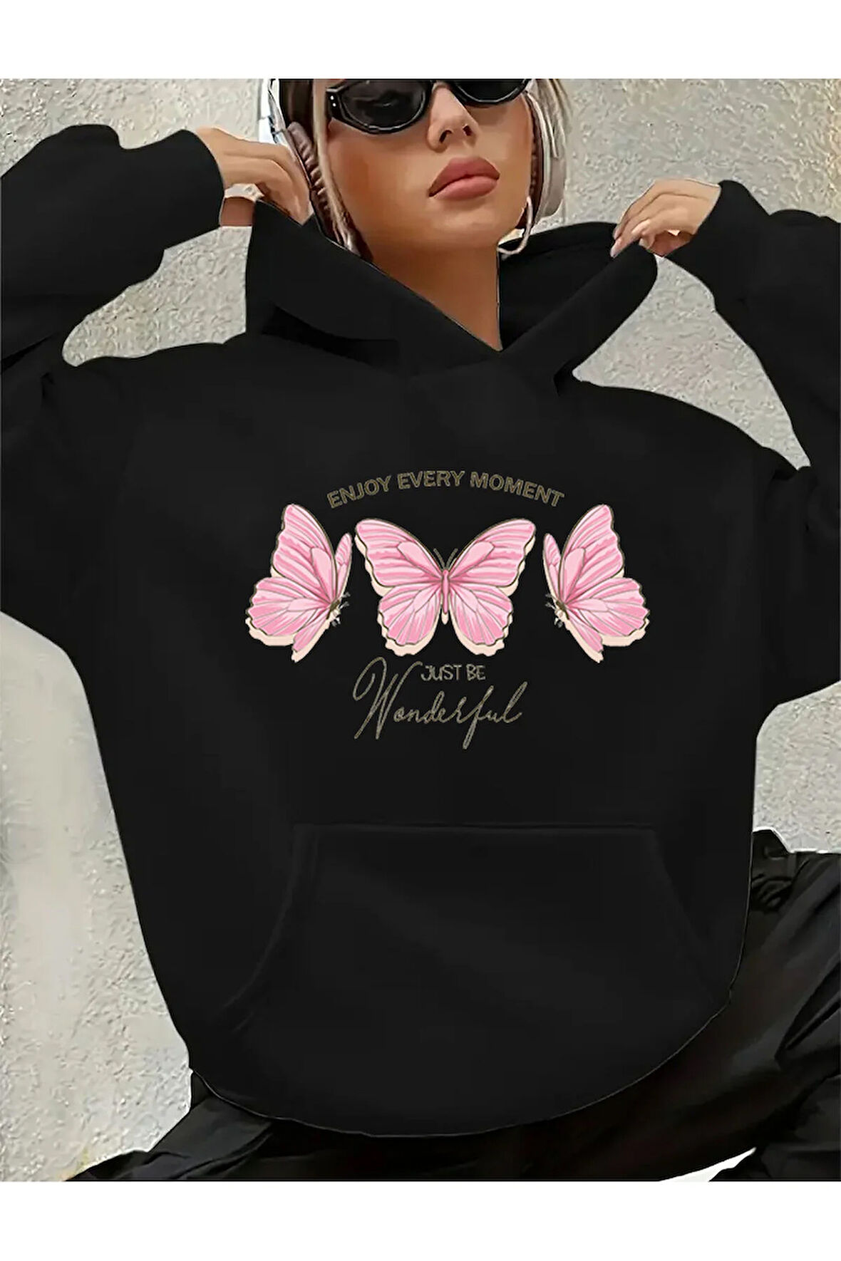 Enjoy Every Moment Detay Baskılı İçi Polarlı Kapüşonlu Sweatshirt