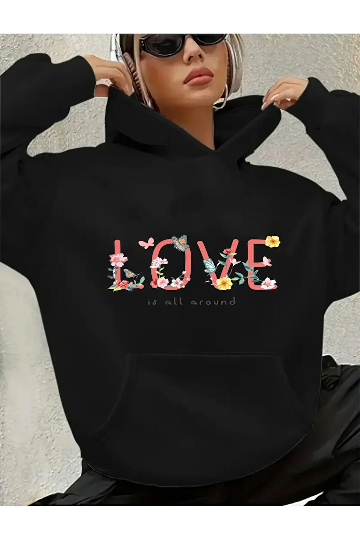 Love Yazı Detay Baskılı İçi Polarlı Kapüşonlu Sweatshirt
