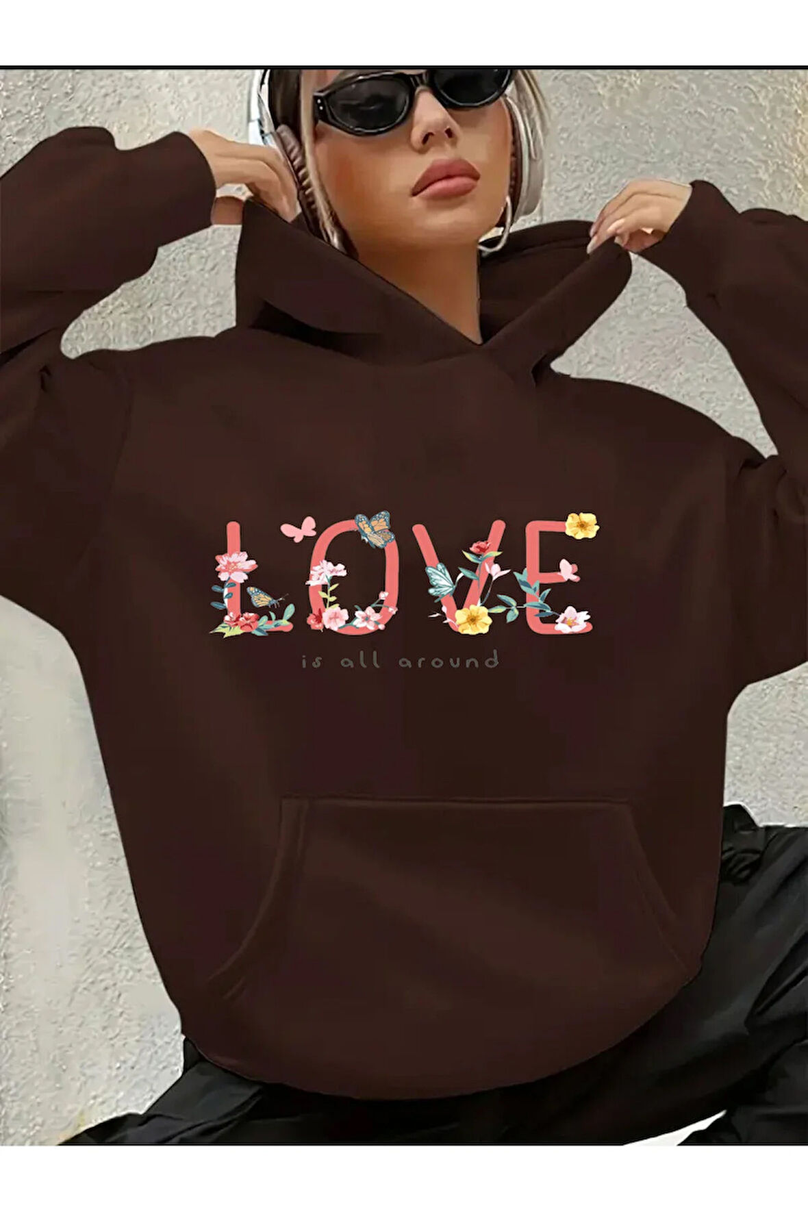 Love Yazı Detay Baskılı İçi Polarlı Kapüşonlu Sweatshirt