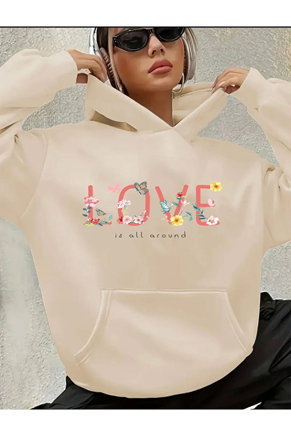 Love Yazı Detay Baskılı İçi Polarlı Kapüşonlu Sweatshirt