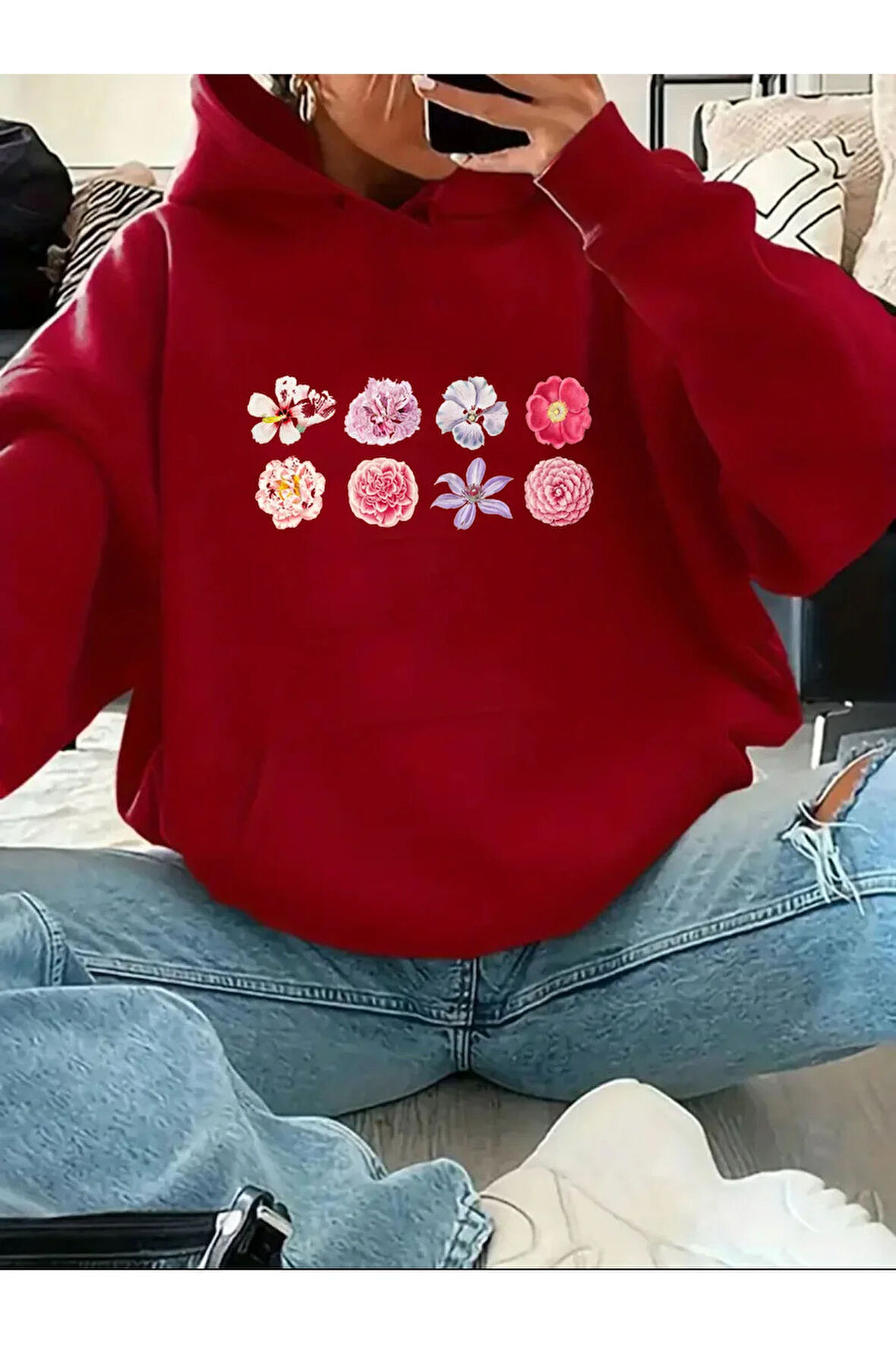 Çiçekler Baskılı İçi Polarlı Kapüşonlu Sweatshirt