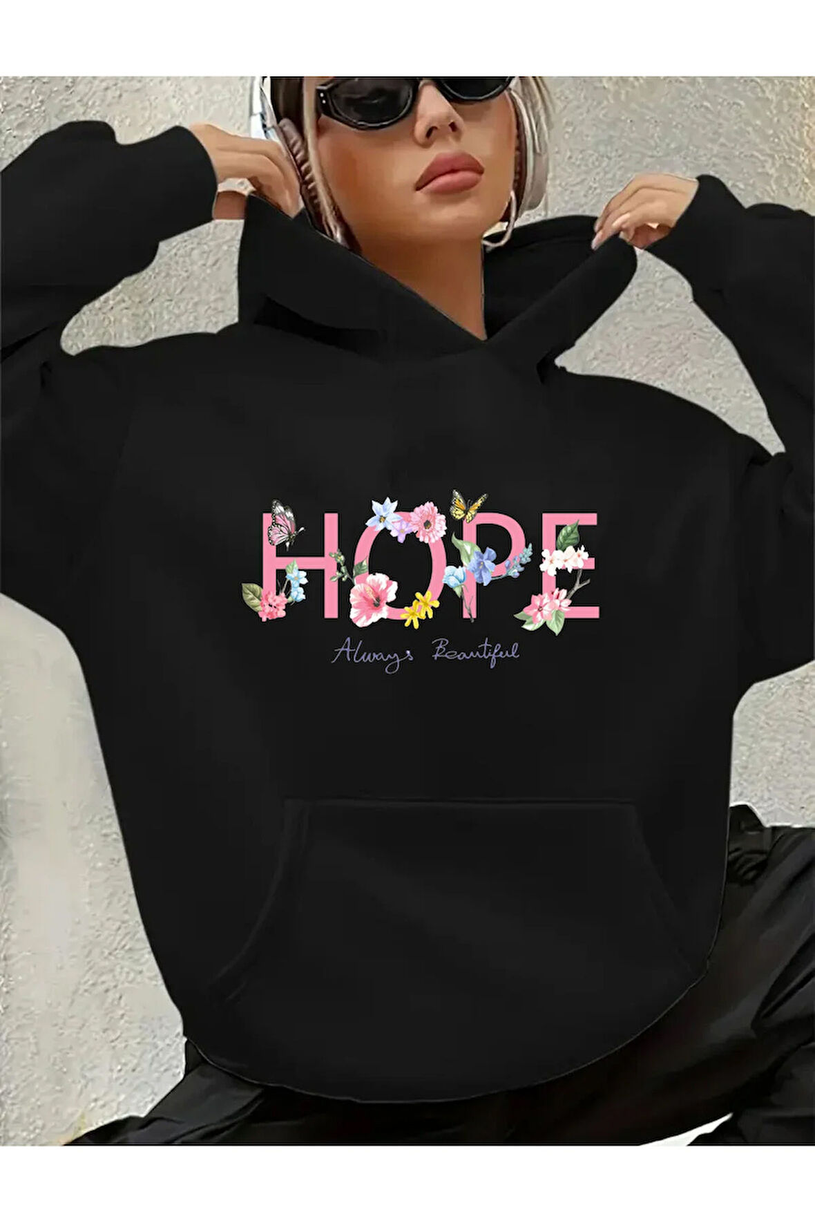 Hope Yazı Baskılı İçi Polarlı Kapüşonlu Sweatshirt