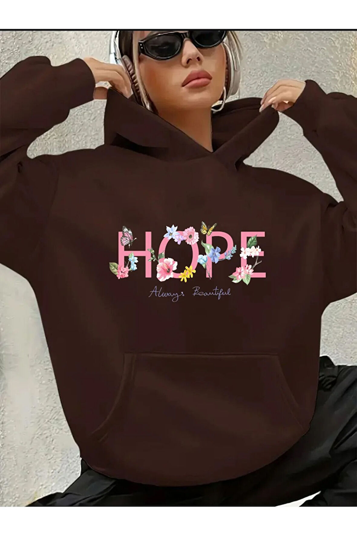 Hope Yazı Baskılı İçi Polarlı Kapüşonlu Sweatshirt