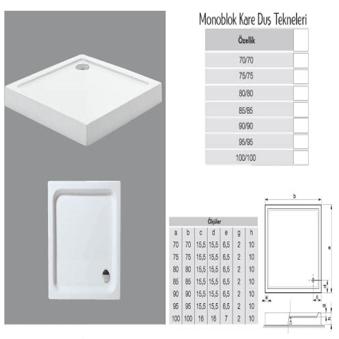 Kare Monoblok Duş Teknesi H:10cm