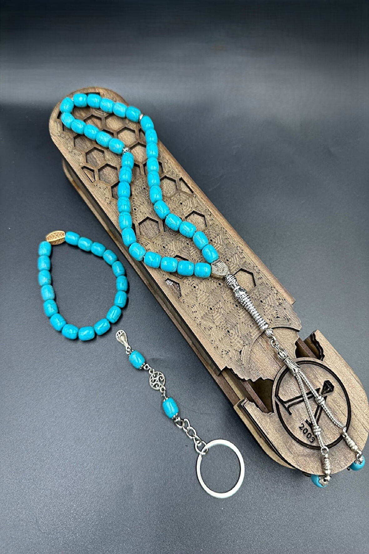 Mavi Ceyt Taşı Set Alpaka Püskül Tespih (Ahşap Kutulu)