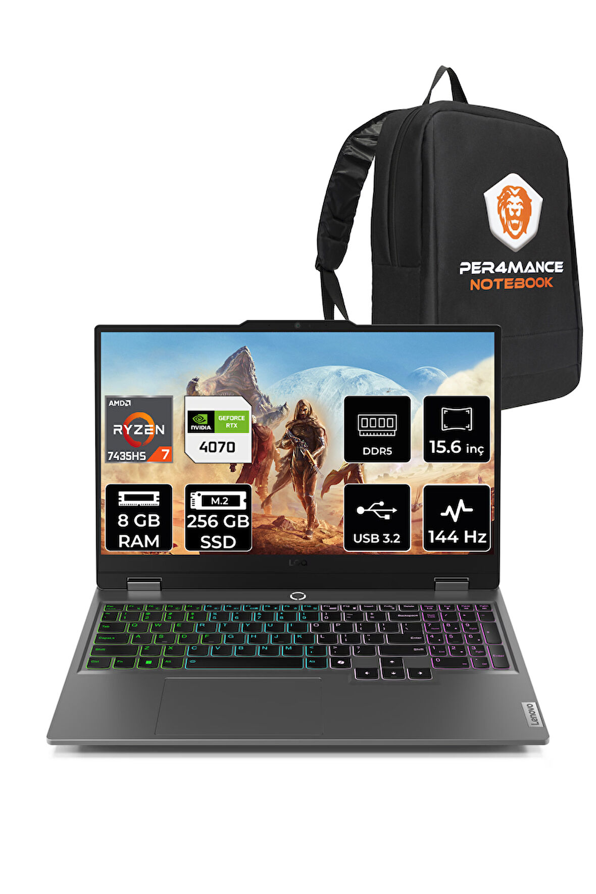Lenovo LOQ R7 7435HS 8GB 256GB SSD RTX4070/8GB 115W 144Hz FHD 15.6" FDOS Gaming Laptop & PER4 ÇANTA