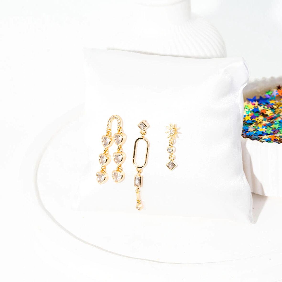 Biem Sallantılı Taşlı Çelik Küpe Set