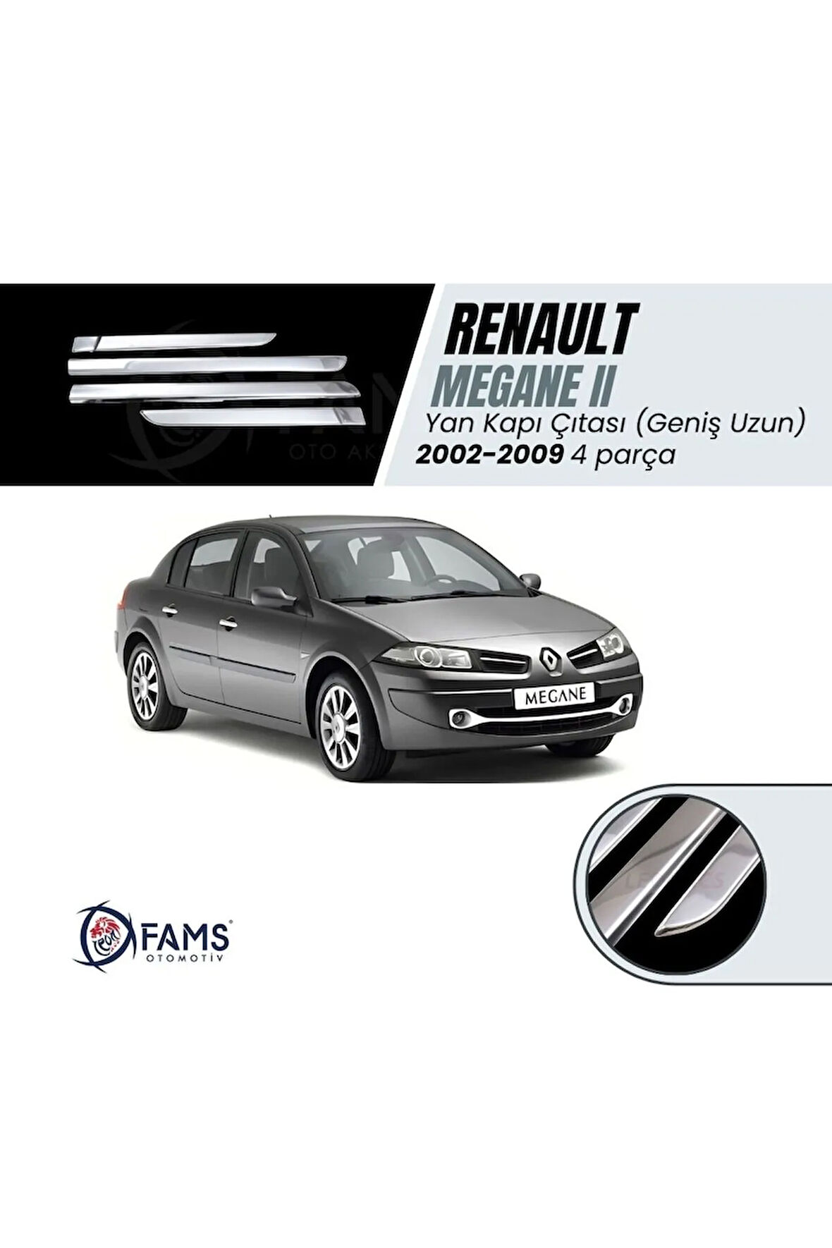 Renault Megane 2 Krom Yan Kapı Çıtası 4 Kapı 2004-2006 Arası P.çelik Uyumlu (Geniş Uzun)