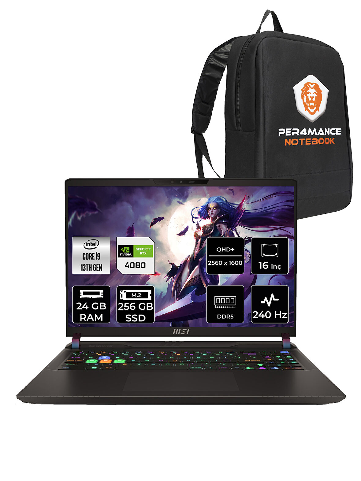 MSI Vector i9-13980HX 24GB 256GB SSD RTX4080/12GB 16" QHD+ 240HZ FDOS 13VH-227XTR & PER4 ÇANTA