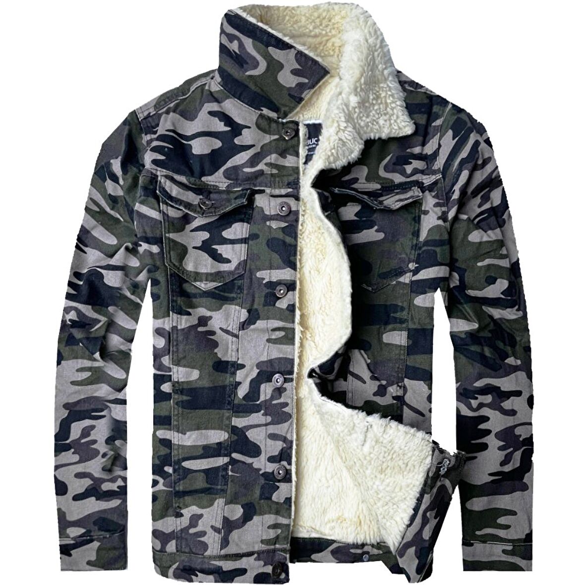r.lion slim fit kürklü kot mont  premium denim--koyu kamuflaj--