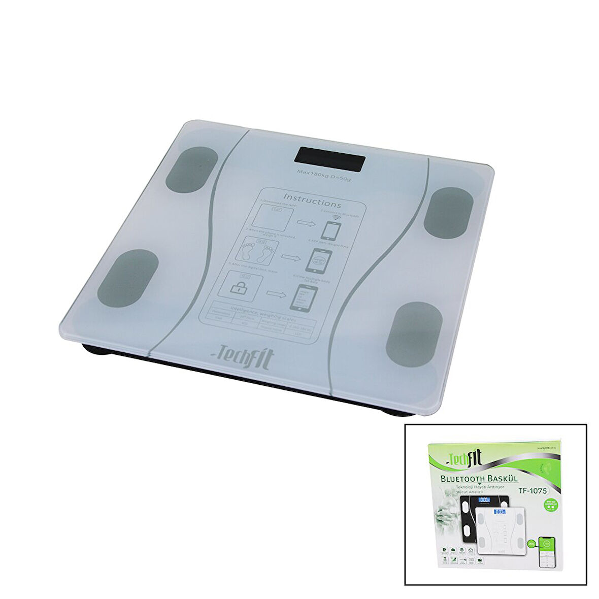 BLUETOOTH -VÜCUT ANALİZLİ DİJİTAL BASKÜL TERAZİ 180KG/50G YAĞ -SU -KAS ORAN -BMI -ODA ℃ TF-1075 (2818)