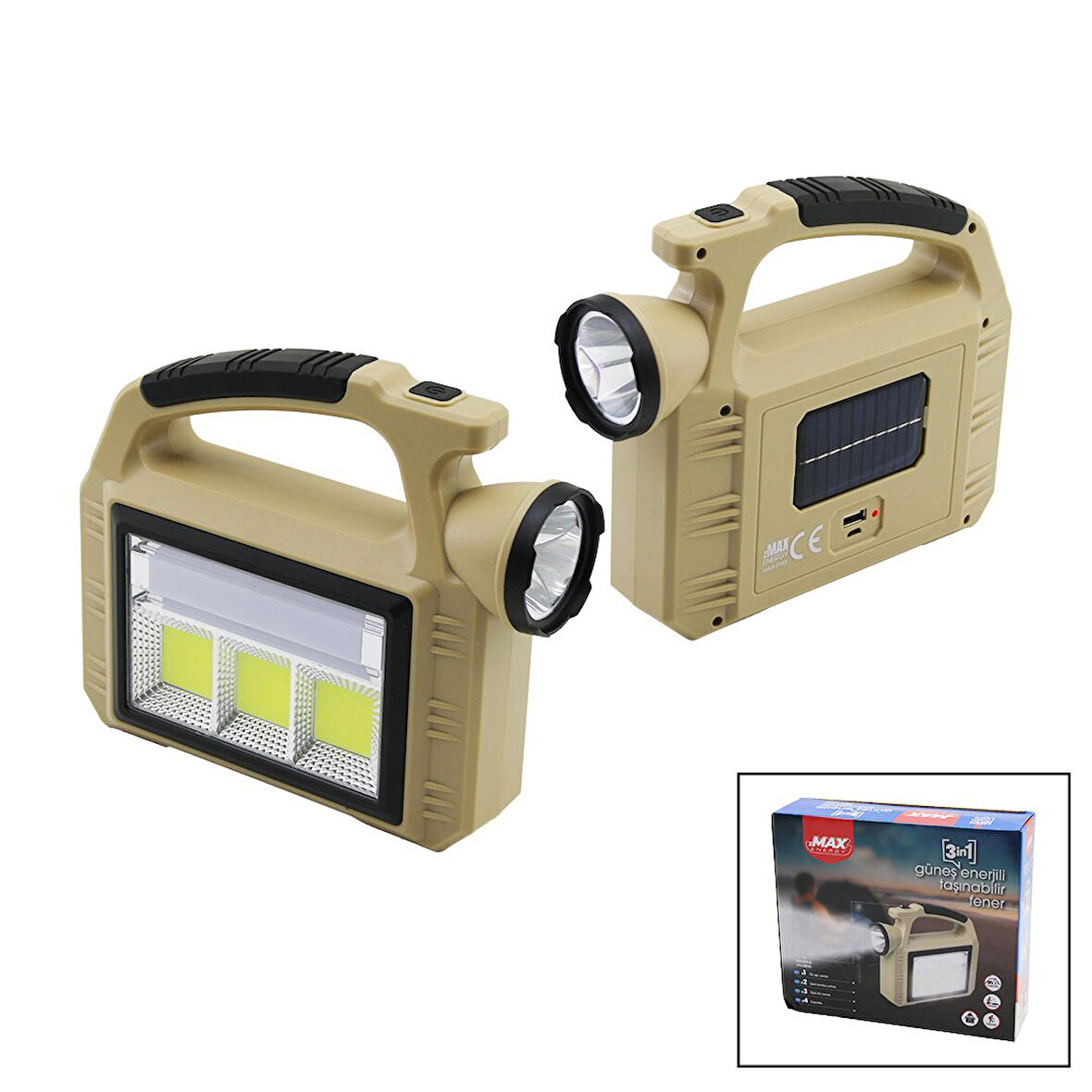 SOLAR GÜNEŞ ENERJİLİ - USB ŞARJLI  TAŞINABİLR EL FENERİ POWERBANK 3İN1=LED - COB LED - ŞERİT LAMBA (2818)