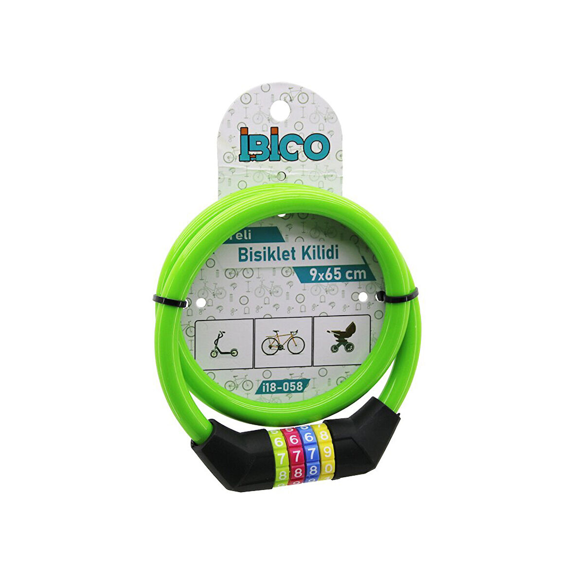 ŞİFRELİ İNCE BİSİKLET KİLİT ÇELİK TEL YEŞİL RENKLİ KILIF 9MMX65CM (2818)