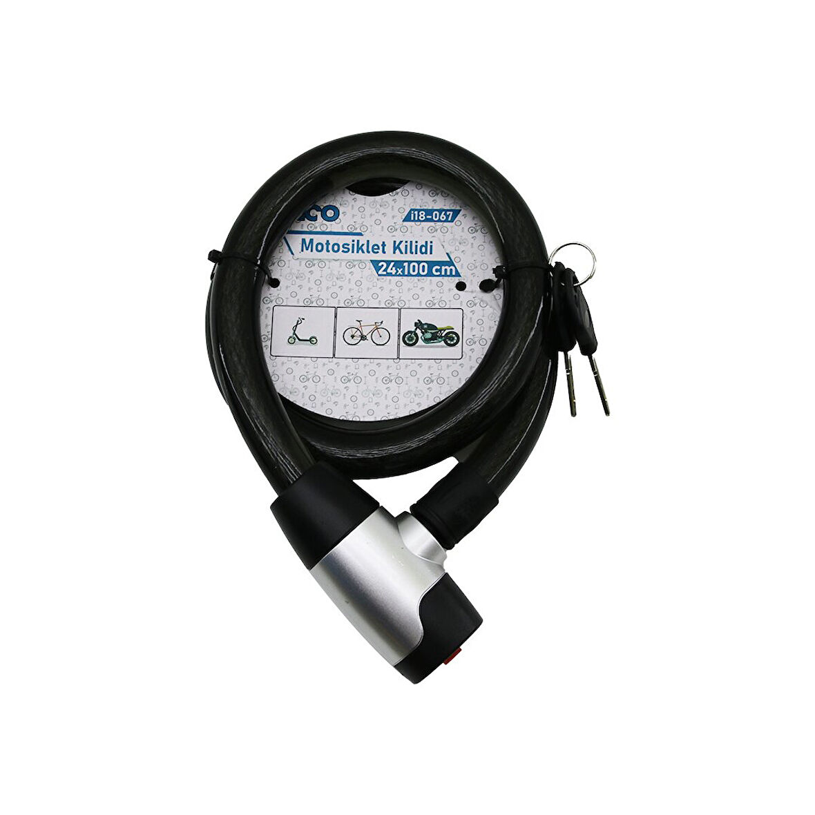 ANAHTARLI METAL KAPLAMA KAFA ÇEK-İT KİLİT KAPAK MOTOR - BİSİKLET KİLİT ÇELİK TEL SİYAH ŞEFFAF KILIF 24MMX100CM (2818)