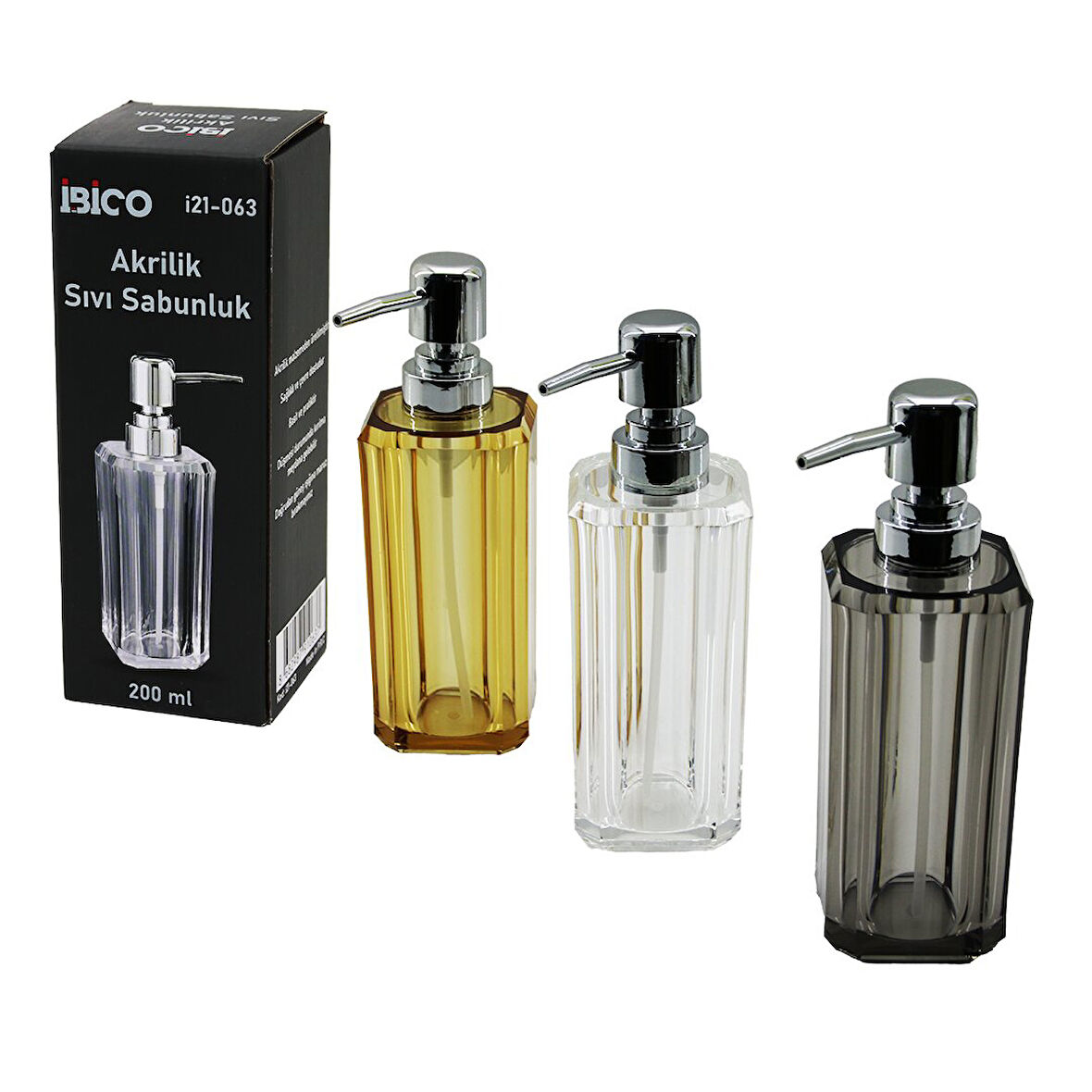 UZUN KARE TABAN -SEKİZGEN GÖVDE ŞEFFAF - RENKLİ AKRİLİK - MİKA KRİSTAL SIVI SABUNLUK 200ML (2818)