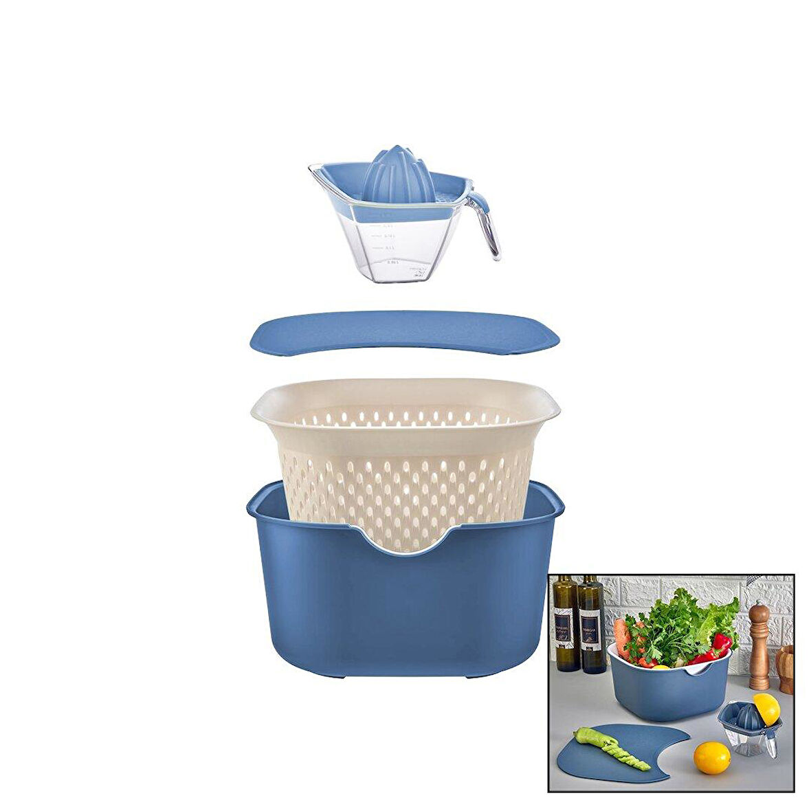 MAVİ 5PCS MUTFAK SETİ PLS.KARIŞTIRMA KAP=4LT - SÜZGEÇ=3.5LT - KESİM PANO - SIKACAK=0.25LT (2818)