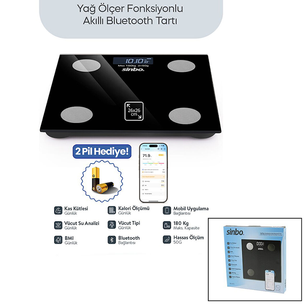 SİYAH YAĞ ÖLÇER AKILLI BLUETOOTH CAM BASKÜL PİLLİ 180KG/50GR 26X26CM 8-KİŞİ HAFIZA LCD EKRAN ℃ GÖSTERGE SBS-4470 (2818)