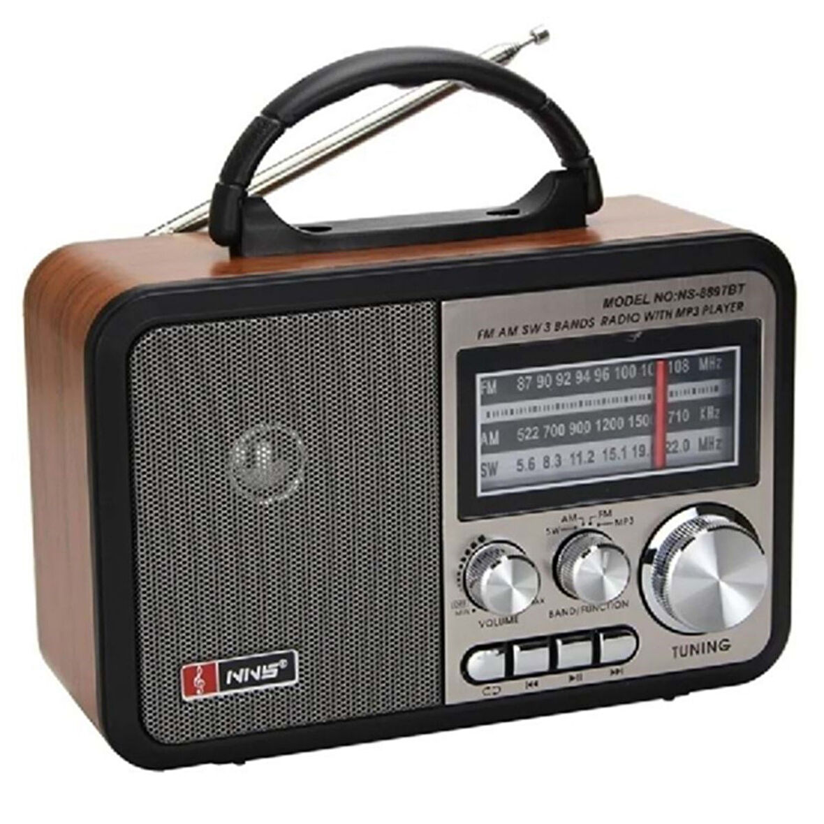 Orta Boy Retro, Nostaljik, Ahşap Tasarım Bluetooth Hoparlörlü, Şarjlı, Taşınabilir FM/AM Destekli Radyo NS-8897 (2818)