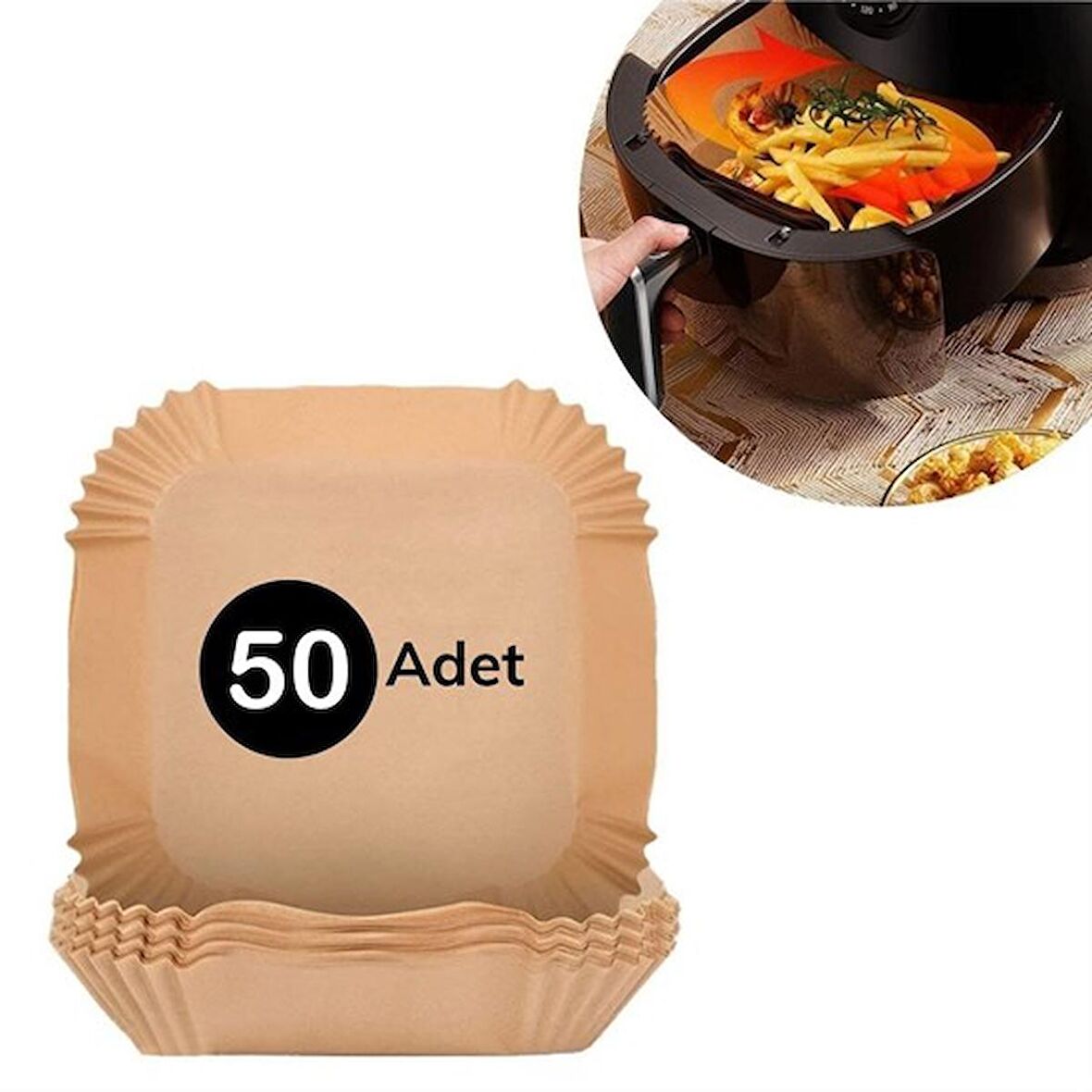 50 Adet Air Fryer Pişirme Kağıdı Tek Kullanımlık Hava Fritöz Yağ Geçirmez Yapışmaz Kare Tabak Model (2818)