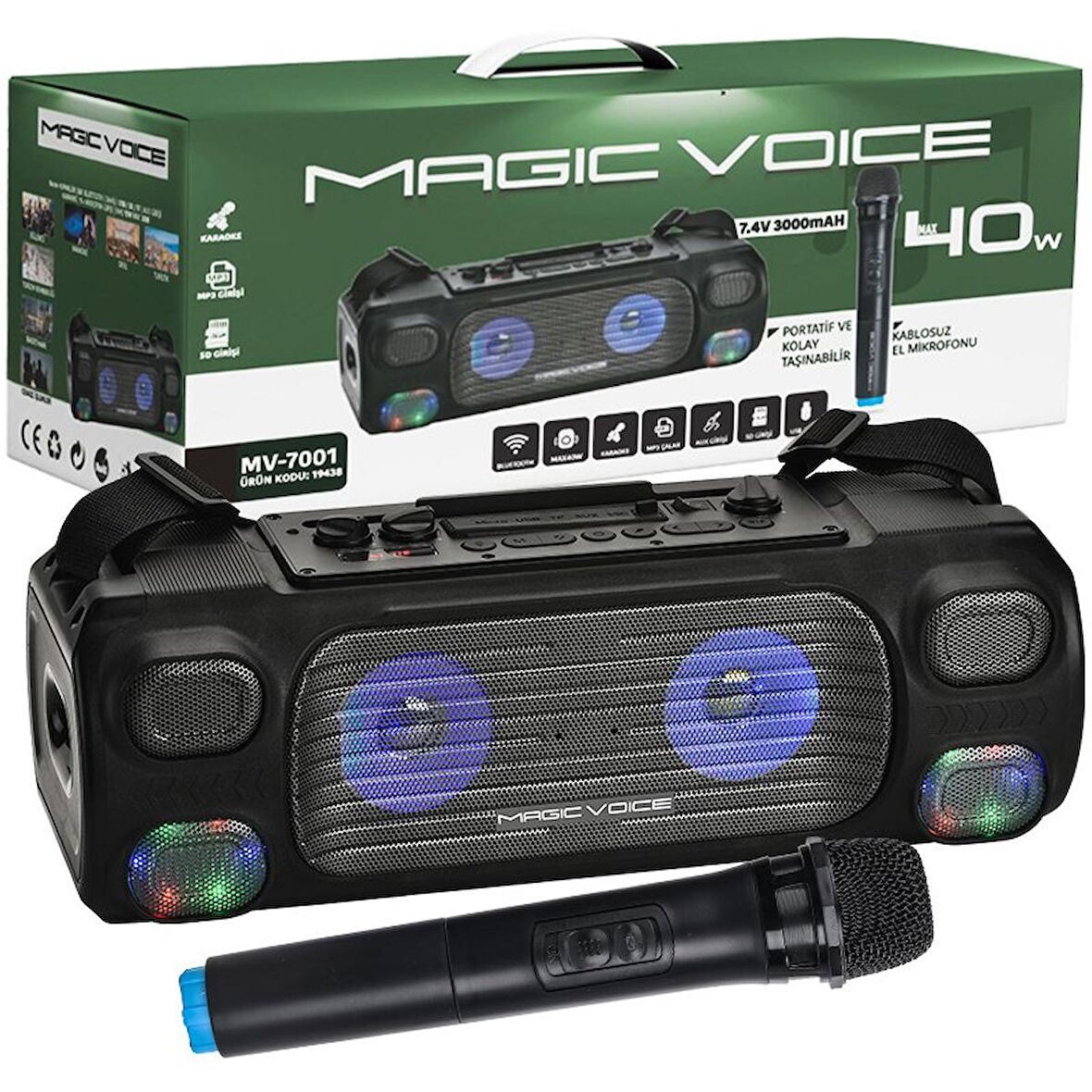 MAGICVOICE MV-7001 VHF EL MİK USB/SD/BT/UK 40 WATT IŞIKLI TAŞINABİLİR ŞARJLI  SEYYAR ANFİ (2818)