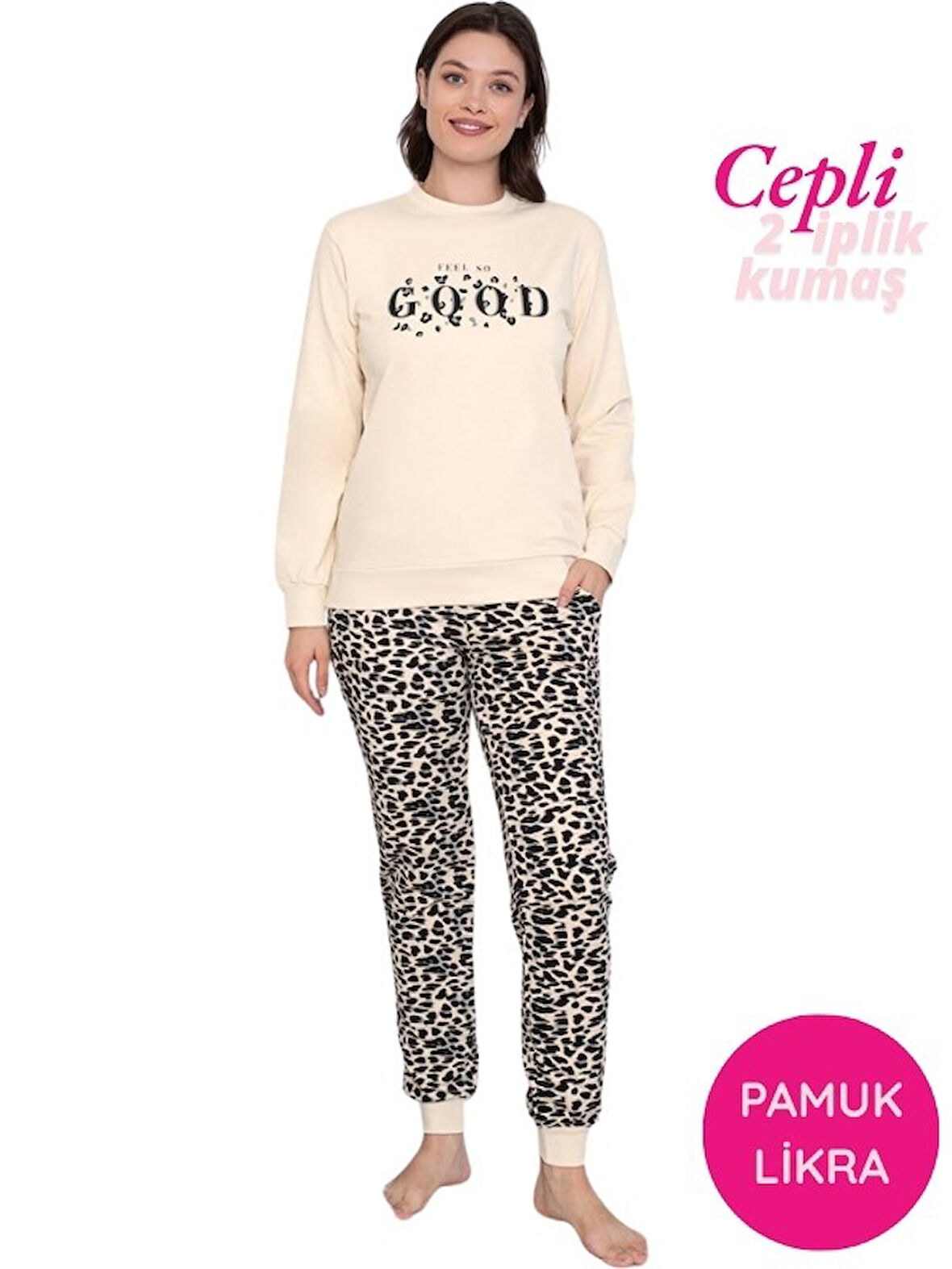 Kadın Bisiklet Yaka Bilek Manşet/Lastikli 2 İplik Pamuk Cepli Kışlık Jogger Eşofman Pijama Takımı