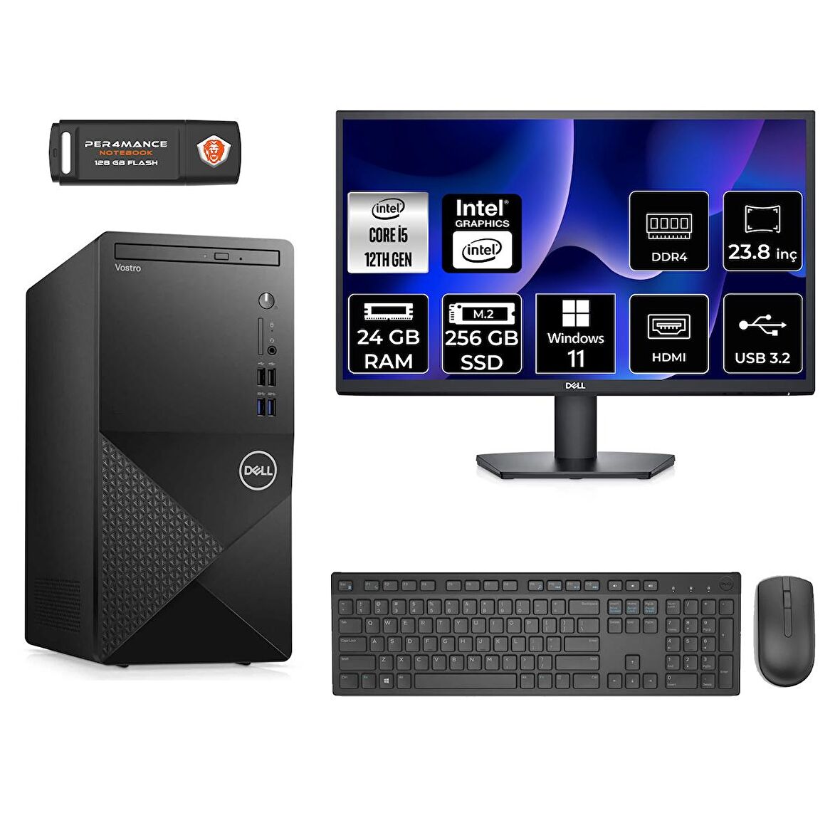 Dell Vostro 3910MT i5 12400 24GB 256GB SSD W11P N7519VDT3910 & MASAÜSTÜ PC & 23.8" MONİTÖR