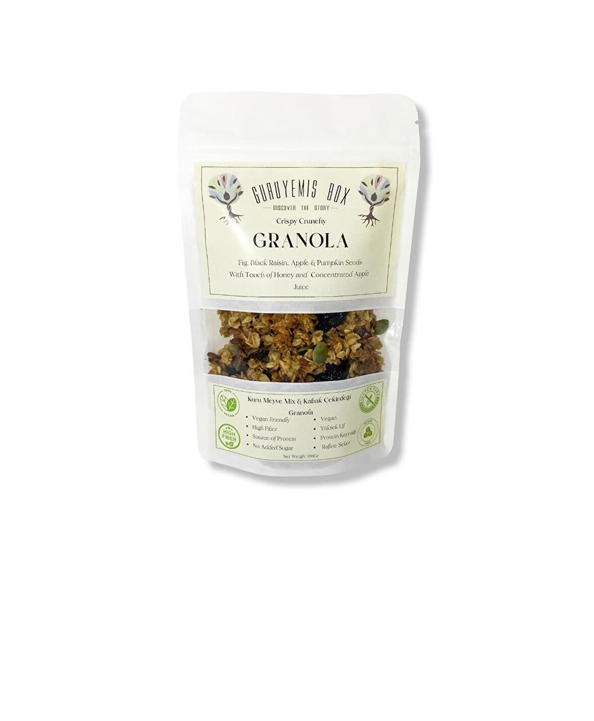 GRANOLA KAHVALTILIK GEVREK BOL KURU MEYVELİ KABAK ÇEKİRDEKLİ İNCİR ÜZÜM ELMA KURUSU VEGAN 100GR