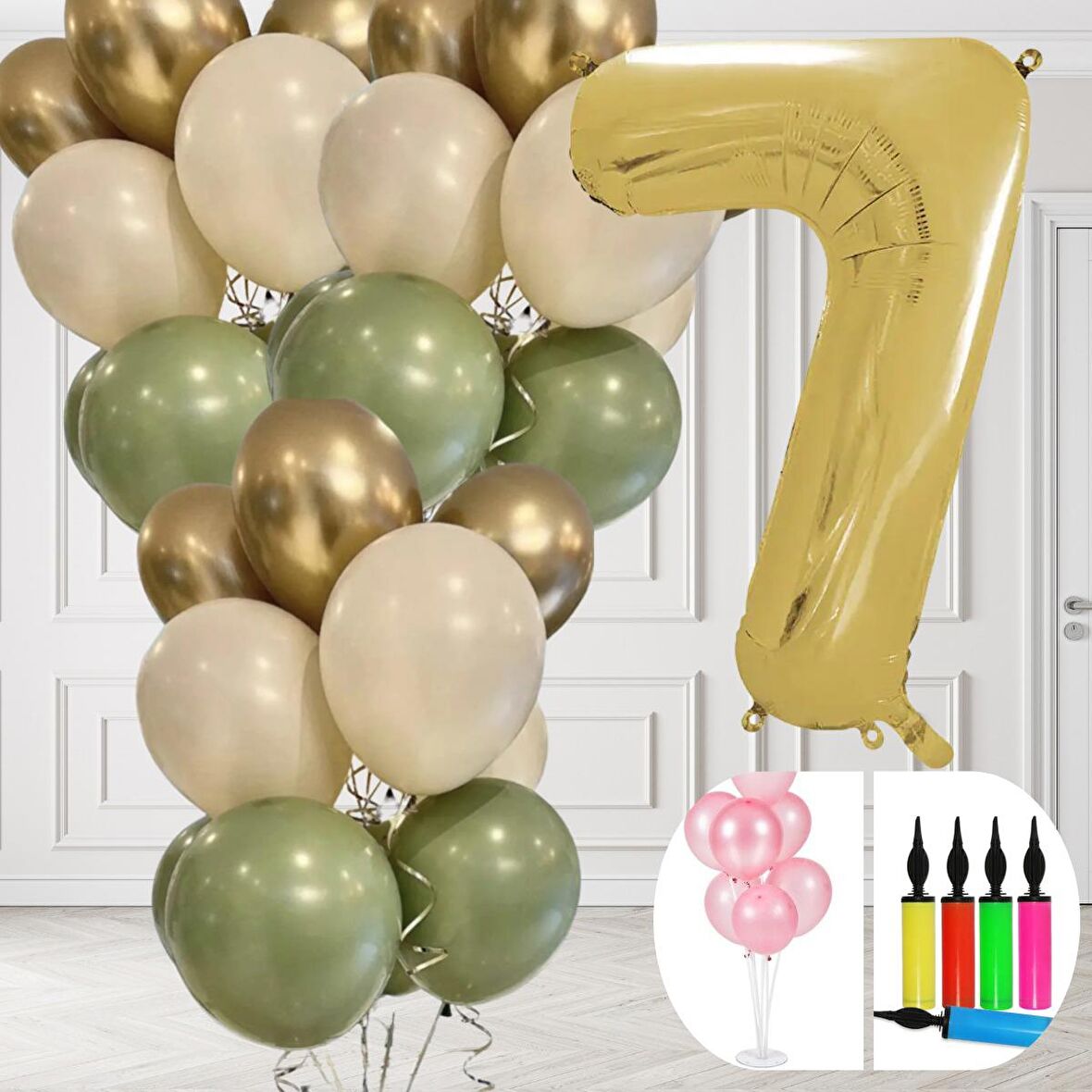 7 Yaş Balon Standlı Ve Pompalı Retro Küf Yeşili Krom Gold Kum Beji Balon Seti Gold Rakam Süsleme