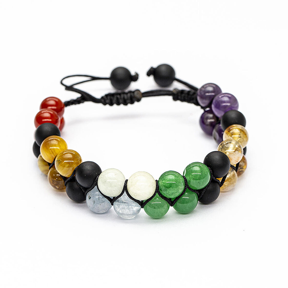 Çift Sıra Makrome Örgülü Küre Kesim Çakra Doğaltaş Kombinli Kadın Başarı Bilekliği