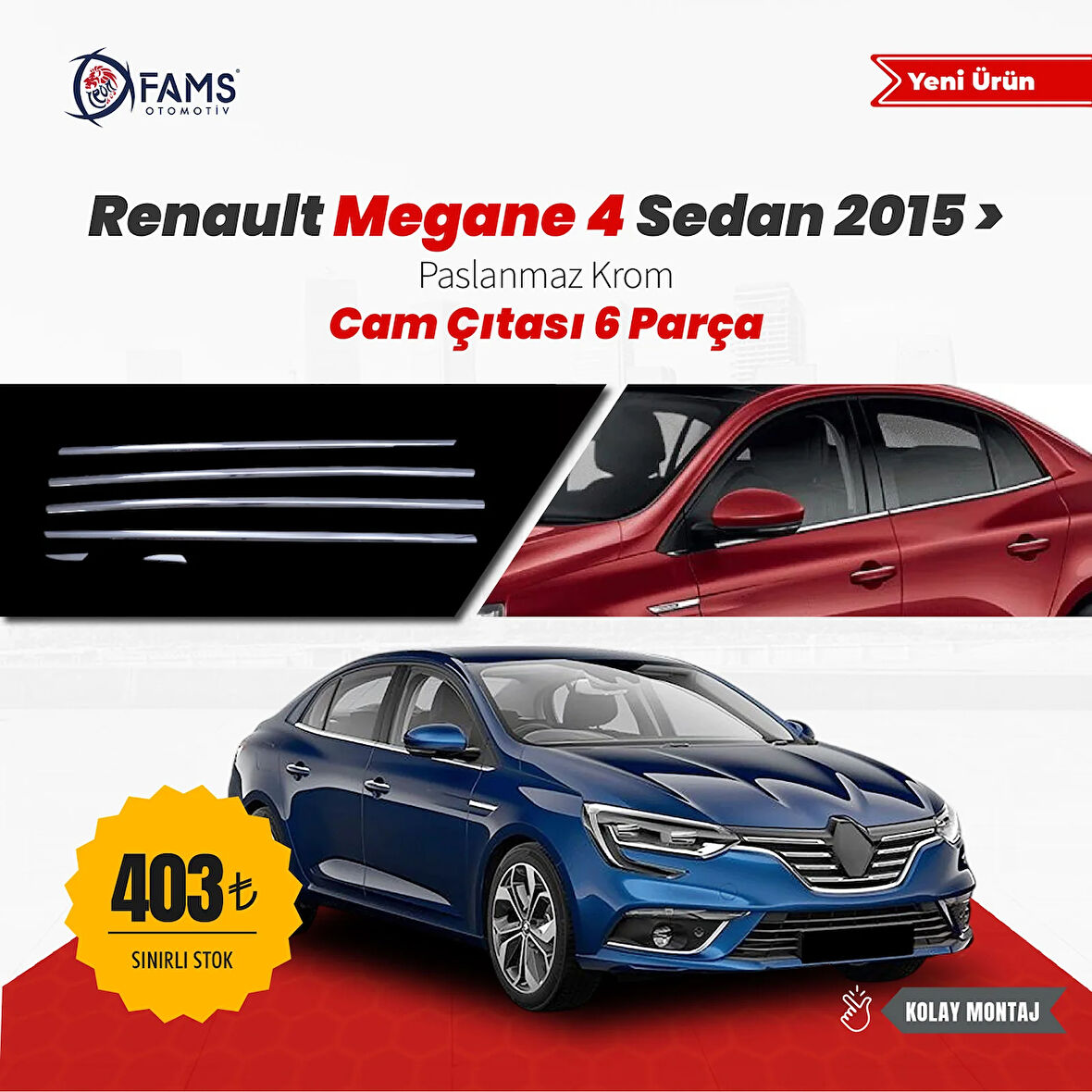 Renault Megane 4 Sedan Krom Cam Çıtası 6 Parça 2015 Ve Üzeri Paslanmaz Çelik Uyumlu