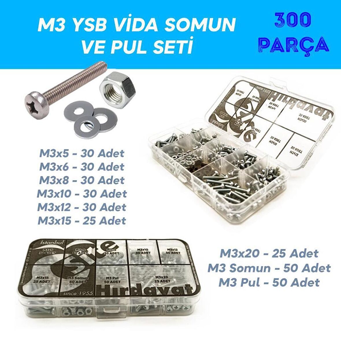 M3 YSB Vida Somun ve Pul Seti, Hesaplı Paket 300 Parça