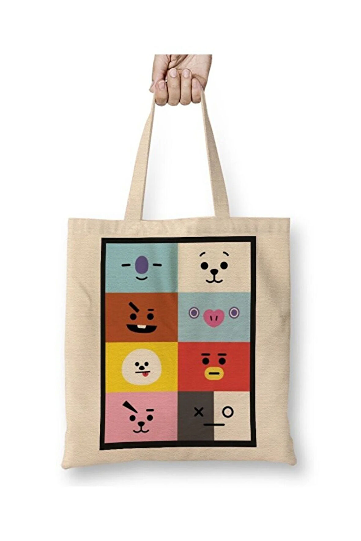 Bts Bt21 Beyaz Bez Çanta Uzun Saplı Alışveriş Çantası Plaj Çantası