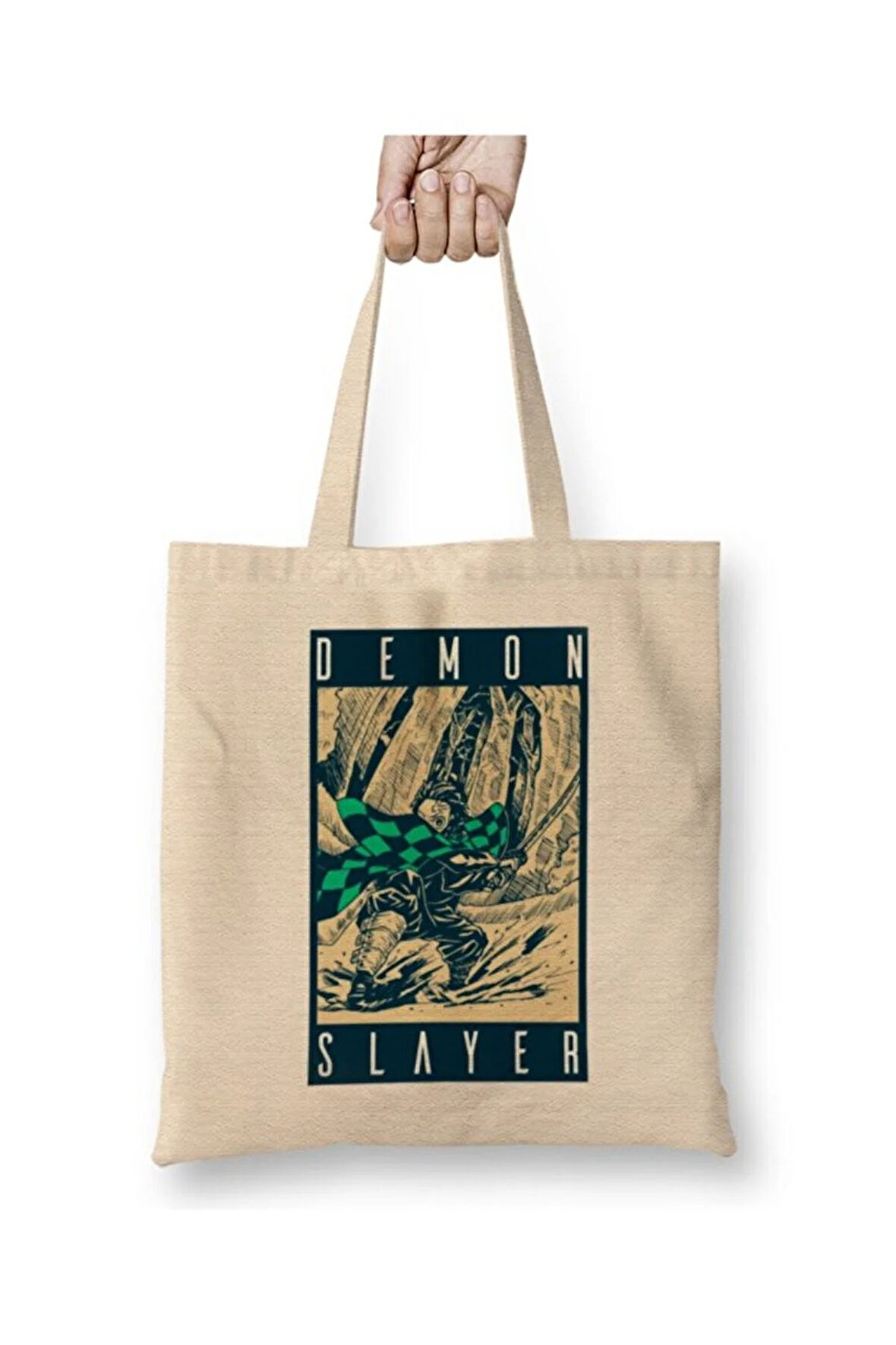 Demon Slayer İblis Keser Tanjiro Bez Çanta Uzun Saplı Alışveriş Çantası Plaj Çantası