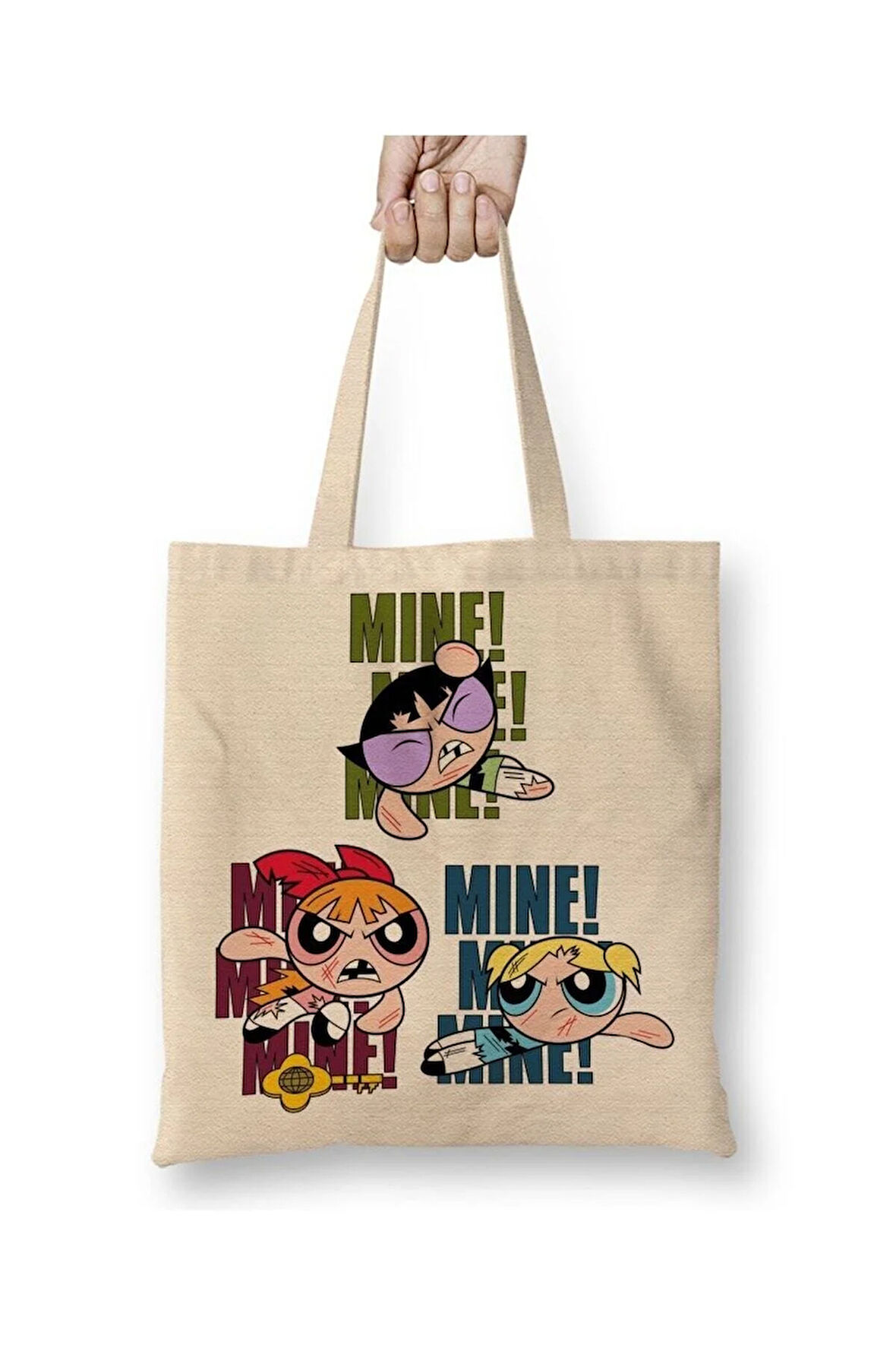 Powerpuff Girls Beyaz Bez Çanta Uzun Saplı Alışveriş Çantası Plaj Çantası