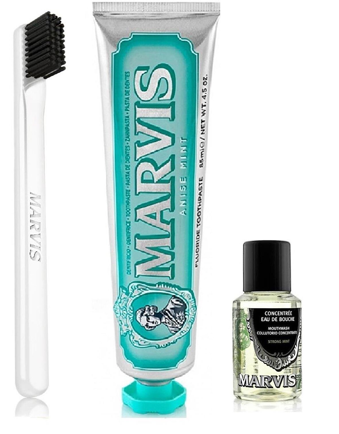 Marvis Anise Mint Diş Macunu 85 ml + Yumuşak Diş Fırçası + Konsantre Ağız Gargarası 30 ml