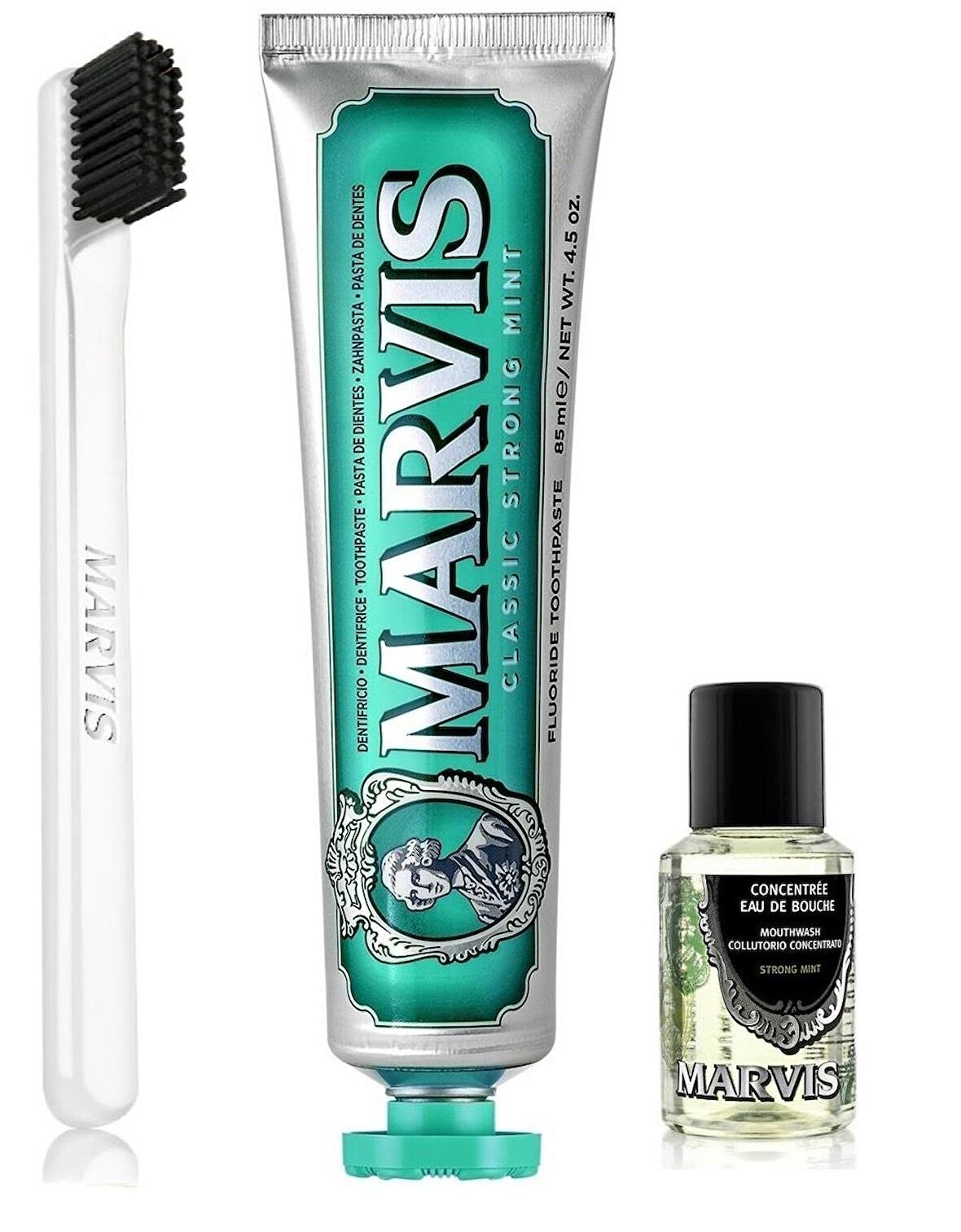 Marvis Classic Strong Mint Diş Macunu 85 ml + Yumuşak Diş Fırçası + Konsantre Ağız Gargarası 30 ml