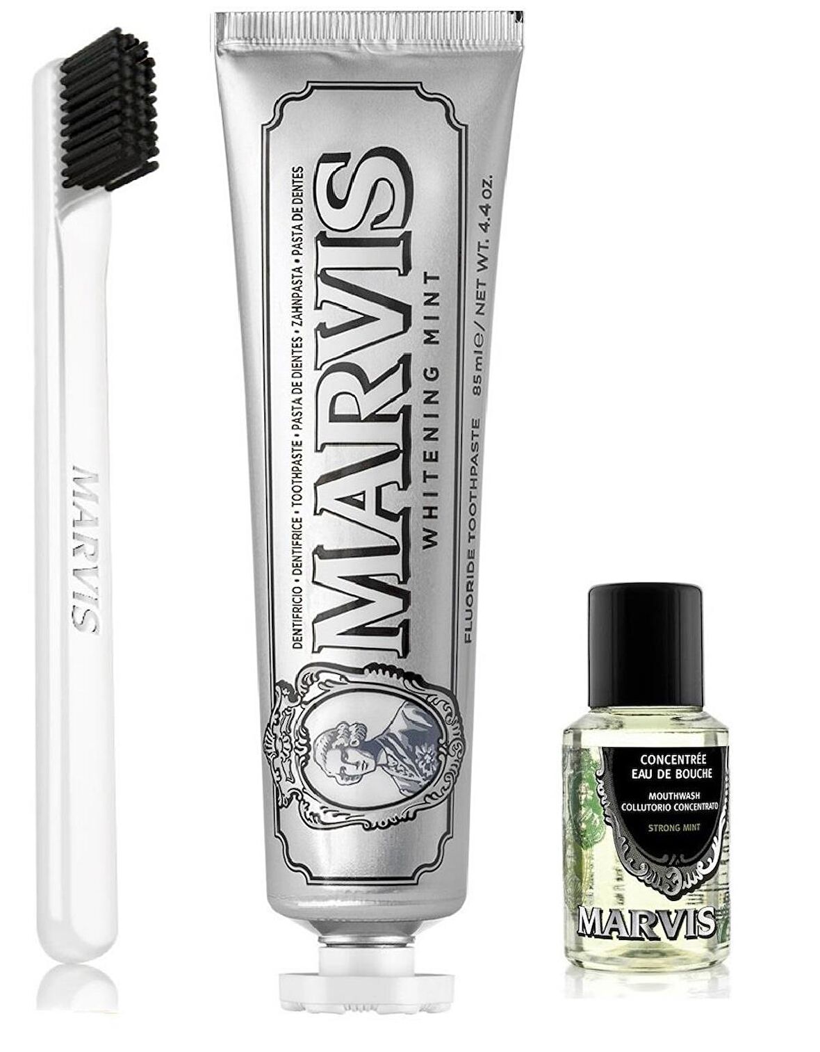 Marvis Whitening Mint Diş Macunu 85 ml + Yumuşak Diş Fırçası + Konsantre Ağız Gargarası 30 ml