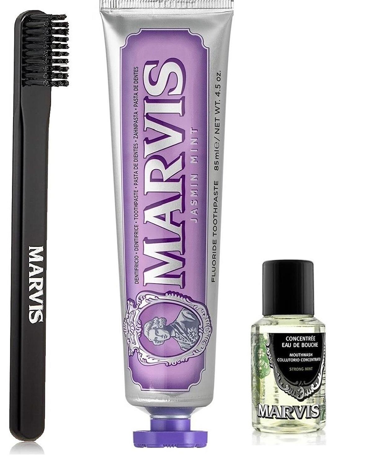 Marvis Jasmin Mint Diş Macunu 85 ml + Orta Sert Diş Fırçası + Konsantre Ağız Gargarası 30 ml