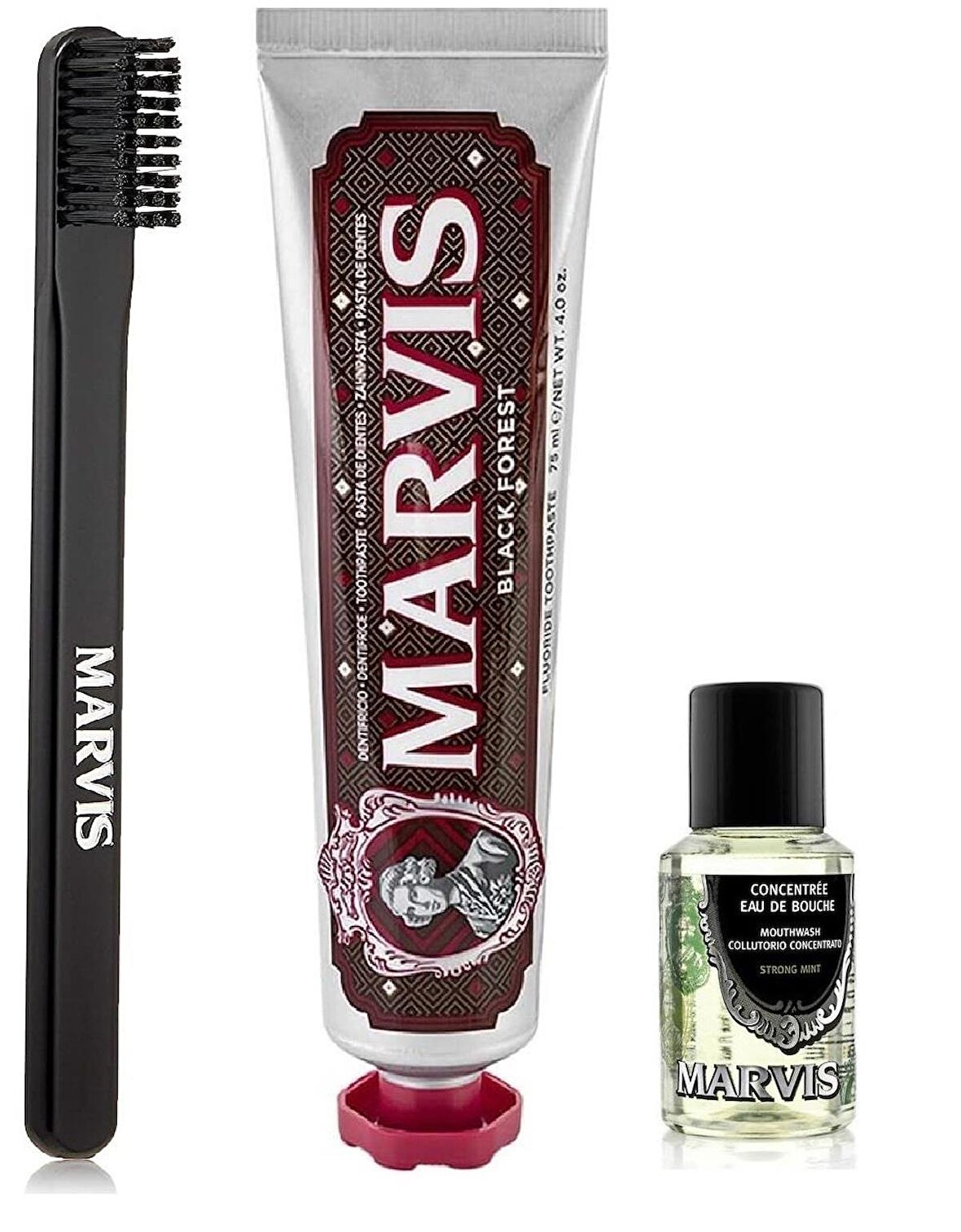 Marvis Black Forset Diş Macunu 75 ml + Orta Sert Diş Fırçası + Konsantre Ağız Gargarası 30 ml