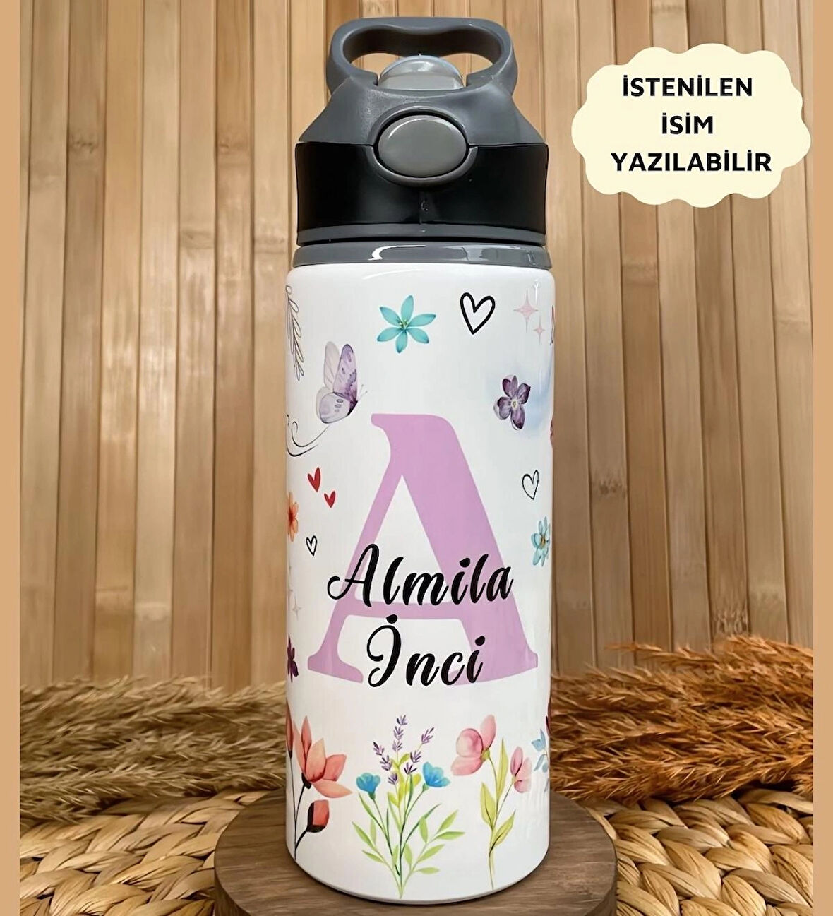 Kişiye Özel İsimli Kız Çocuk Çiçekli Unicorn Temalı Pipetli Suluk Matara 650 ml
