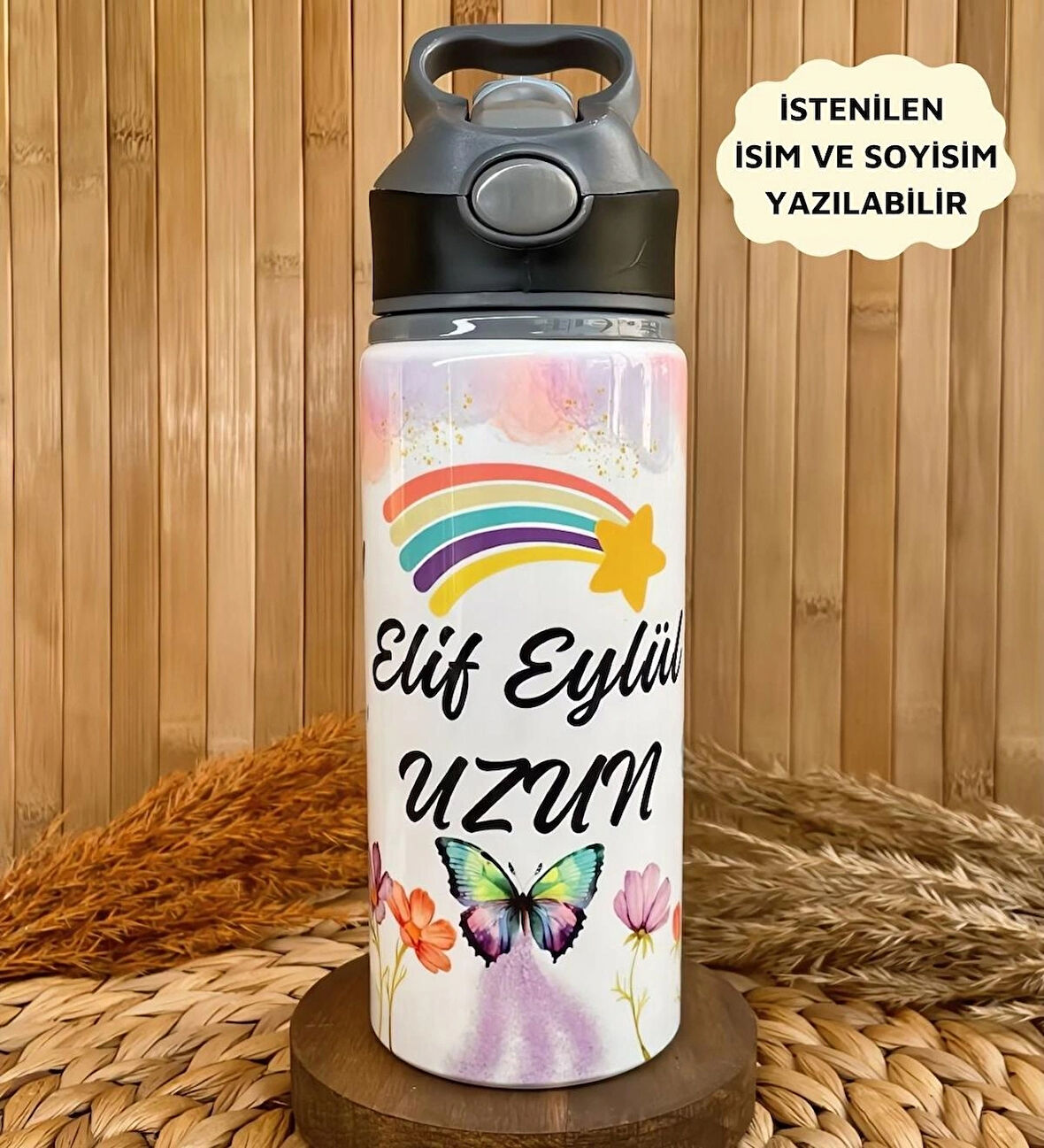 Kişiye Özel İsimli Kız Çocuk Gökkuşağı Pipetli Suluk Matara 650ml