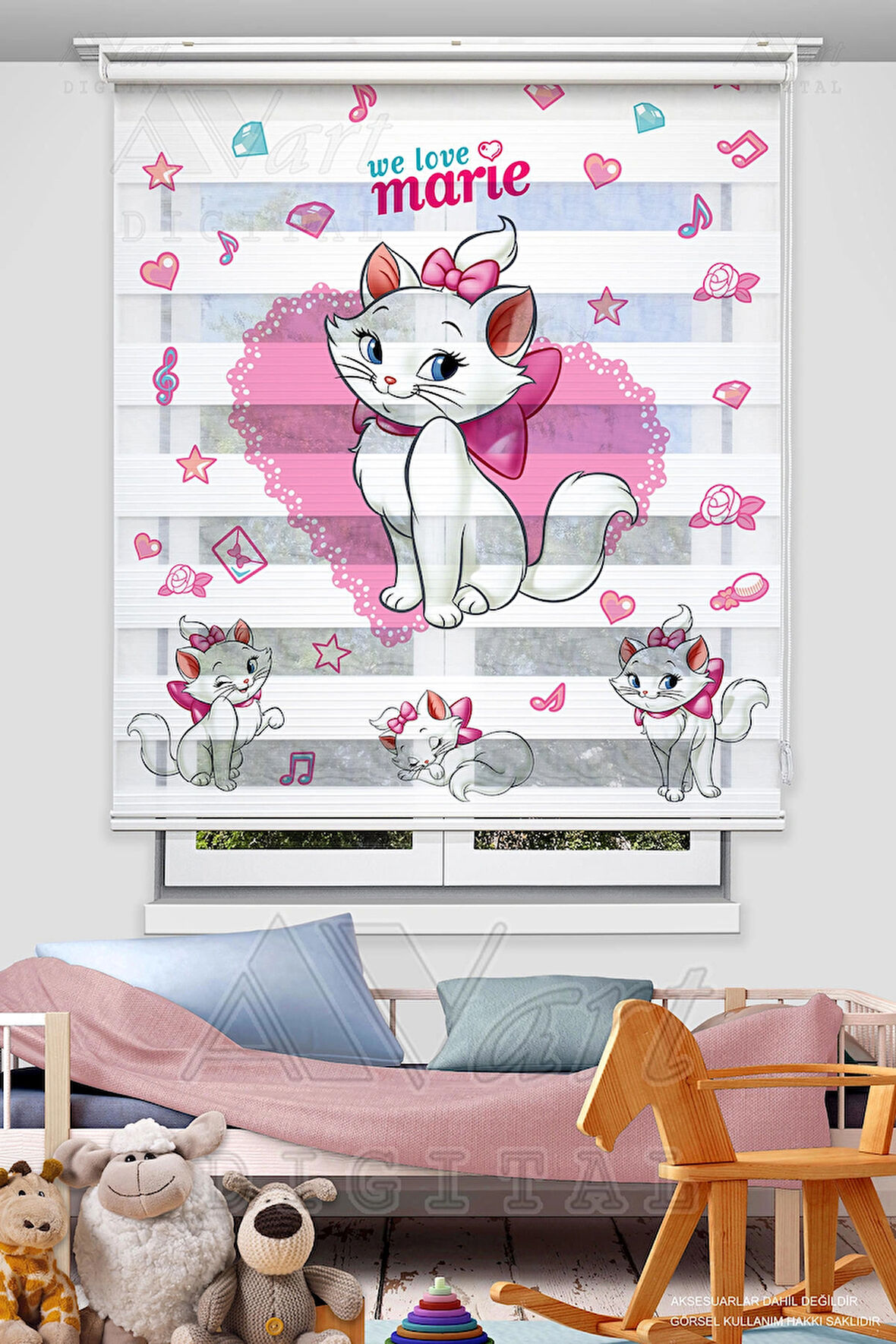 Sevimli Kedicik Marie Baskılı Çocuk Odası Perdesi - Dijital Baskılı Zebra Stor Perde