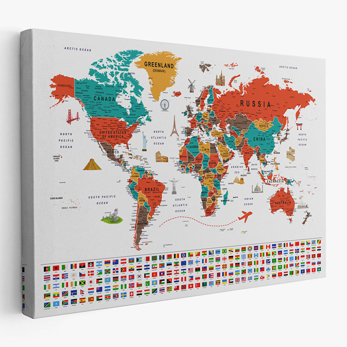 Harita Sepeti Dünya Haritası Ayrıntılı Eğitici Sembollü Bayraklı Dekoratif Kanvas Tablo 2843