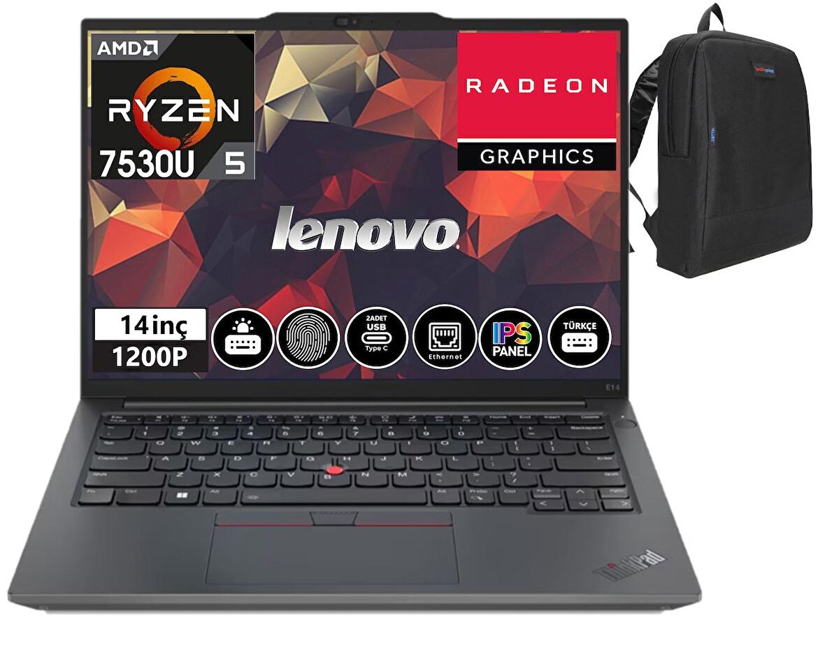 Lenovo ThinkPad E14 Gen5 AMD Ryzen™ 5 7530U 16 GB 512GB SSD 14" Dos WUXGA IPS Dizüstü Bilgisayar TB21JR0009TX06+Weblegelsinçanta