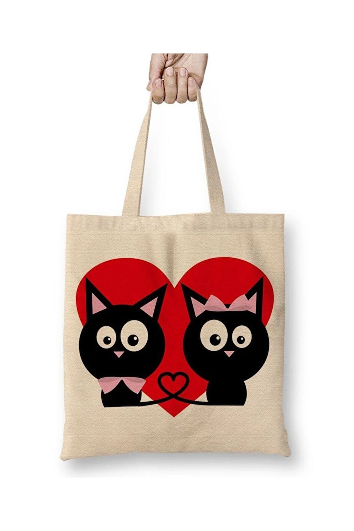 Kedicikler Kalp Cats Kedi Bez Çanta Uzun Saplı Alışveriş Çantası Plaj Çantası