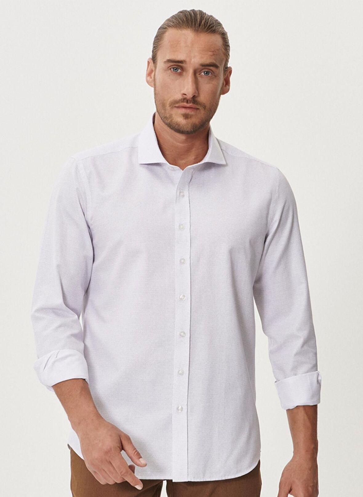 Erkek Beyaz-gri Tailored Slim Fit Dar Kesim Italyan Yaka %100 Pamuk Baskılı Gömlek