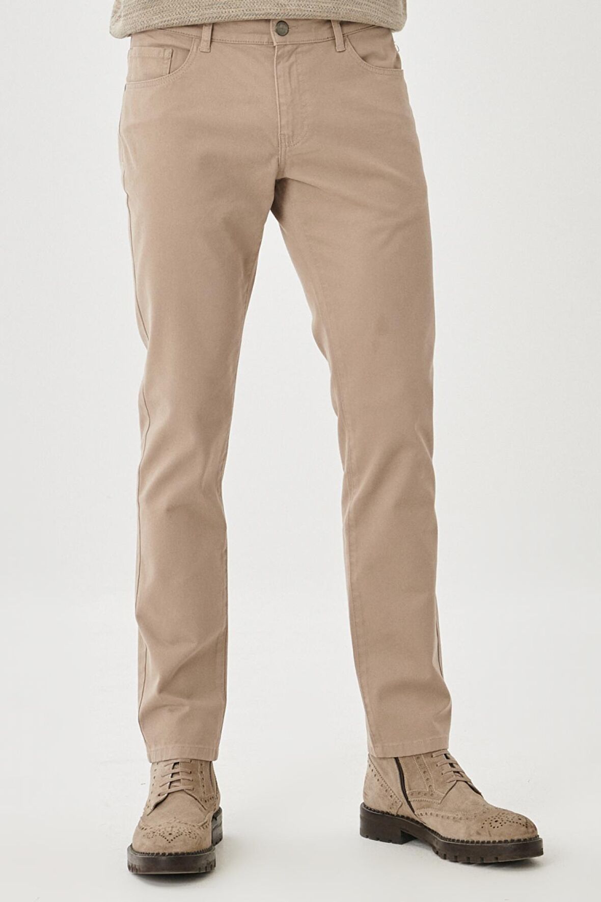 Erkek Bej Slim Fit Dar Kesim Pamuklu Esnek Chino Pantolon